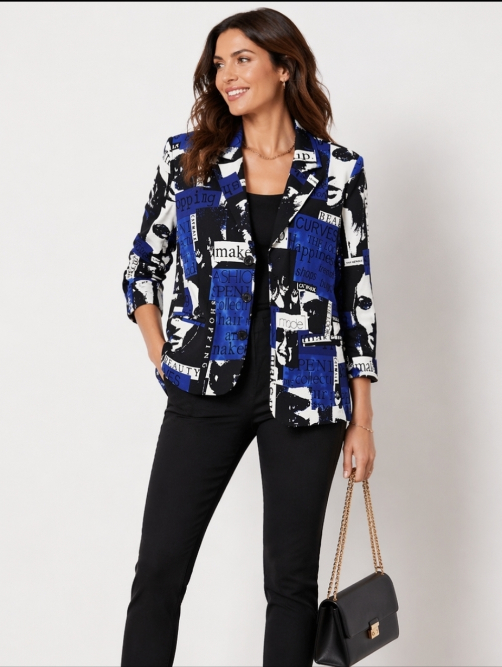 Calessa Blue Black Graphic Print Spandex Blend Blazer Sz Med